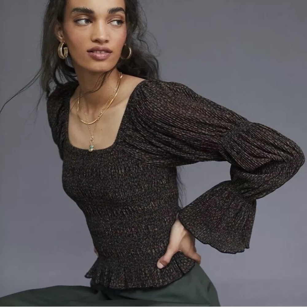 ANTHROPOLOGIE Shimmer Puff Bishop Sleeve Smoked Blouse Top Brown Small